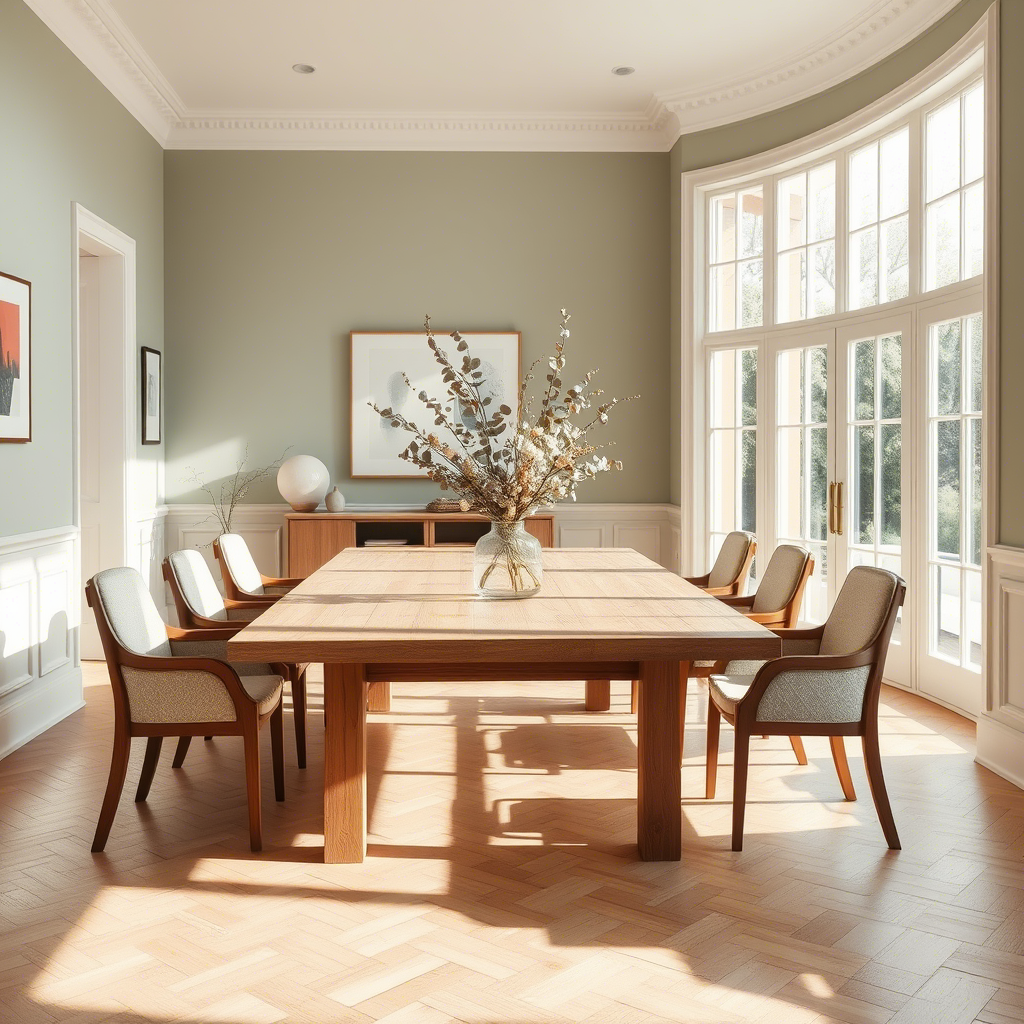 Une élégante salle à manger baignée de lumière naturelle, avec une grande table en bois massif au centre. Un bouquet de branches d'eucalyptus et de fleurs séchées dans un vase en céramique artisanale trône au milieu de la table. Les murs sont peints dans un délicat vert sauge qui contraste harmonieusement avec des touches de bois clair et de textile blanc cassé. Une grande baie vitrée laisse entrer la lumière du matin, créant un jeu d'ombres douces sur le parquet en chêne clair. L'ensemble dégage une atmosphère sereine et accueillante, parfaite illustration du style japandi contemporain.